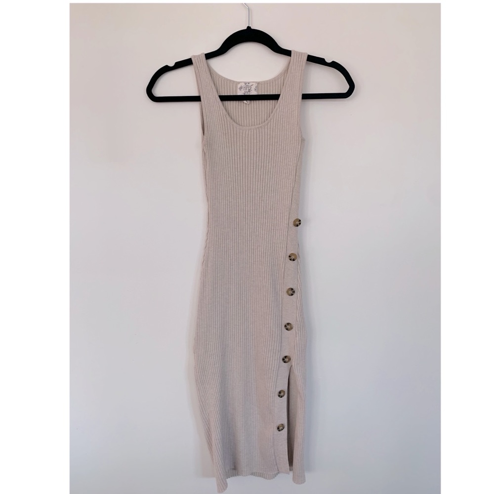 Nude Ribbed Knit Body Con Midi Dress